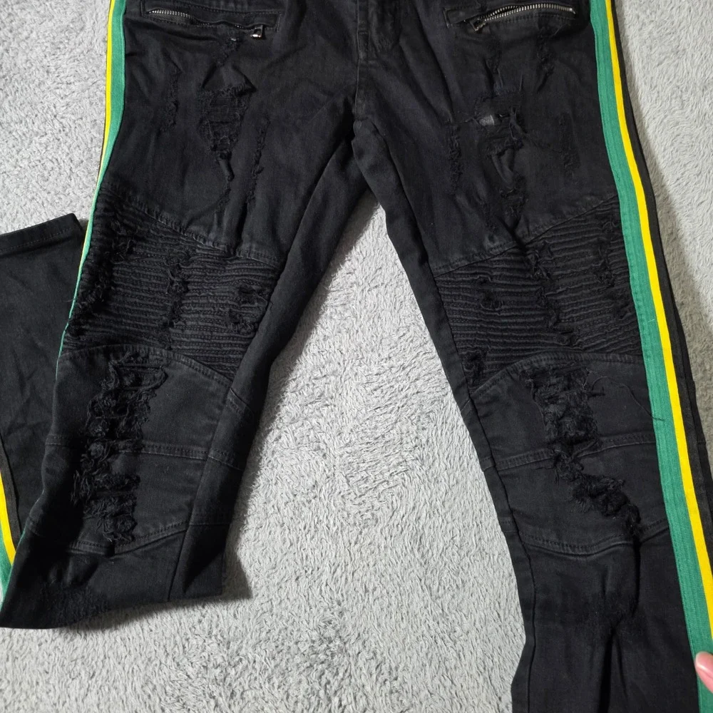 Focus Jeans Mens 36x34 Moto Biker Slim Black Distressed Green Yellow Side Stripe